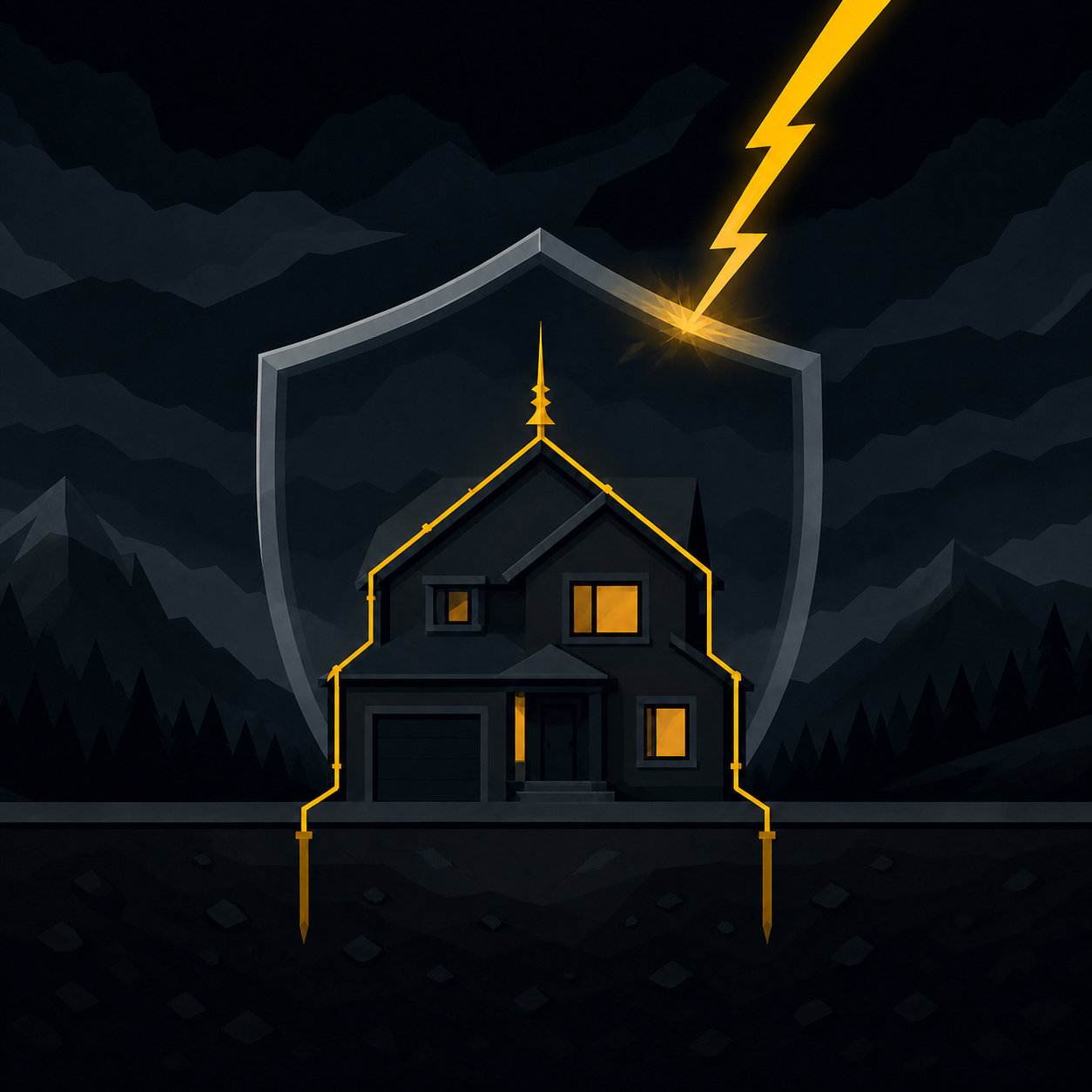 A charcoal house with a yellow lightning protection system inside a shield that deflects a lightning strike